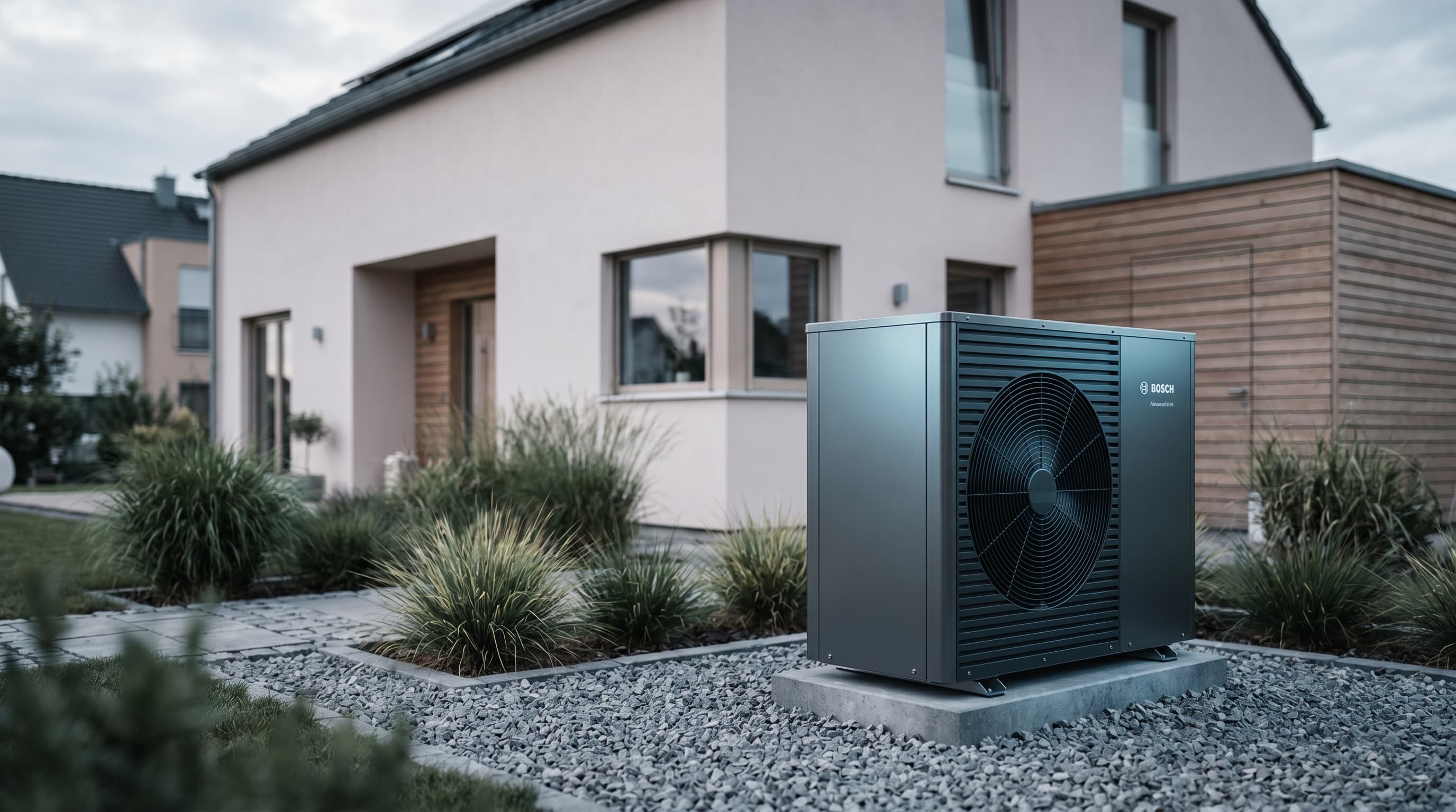 Wärmepumpe im Außenbereich eines modernen Wohnhauses